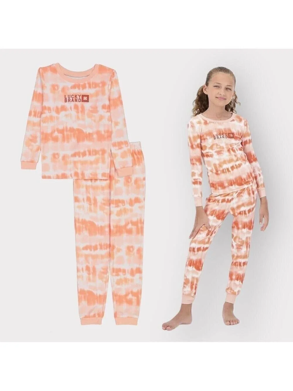 Lucky Brand NEW Long Sleeve Pajama Set Girls sz 8 NWT Coral Orange White Tie-Dye